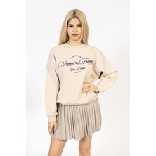 olafre Bisiklet Yaka Önü Nakışlı Taş Rengi Sweatshirt, Içi Polarlı Kazak