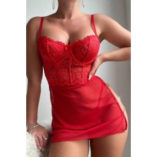 Bella Notte Kırmızı Özel Tasarım Zicir Aksesuarlı Gecelik 15576