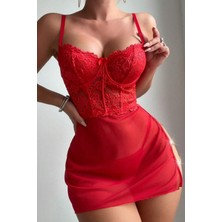 Bella Notte Kırmızı Özel Tasarım Zicir Aksesuarlı Gecelik 15576
