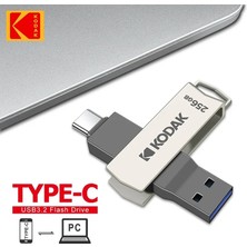 Kodak 256Gb.Type-C ve USB 3.2 Type-C Girişli Tüm Cihazlara İphone15/16 Serisine Uygun ve İphone Dönüştürücü Hediye Yüksek Hızlı Usb Otg Flash Bellek Çift Giriş Metal Sağlam Orjinal