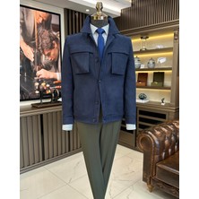 Terzi Adem Altun İtalyan stil slim fit  polo yaka süet erkek mont lacivert T10263