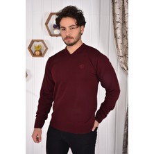 Miwan Collection Erkek V Yaka Bordo Slim Fit Triko Kazak