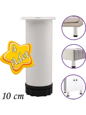 Glaswen 4 Adet Metal Ayarlanabilir 10 cm Beyaz Destek Ayağı Mobilya Kanepe Baza Koltuk Dolap Sehpa Tv Ünitesi Ayağı