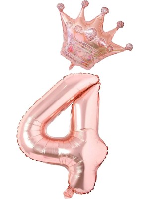 Rönesans Parti Rose Gold Rakam Kral Taç Folyo Balon Seti Yaş 4