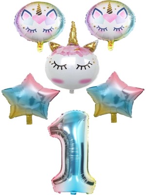 Rönesans Parti Unicorn Karakter  Rakamlı Yıldızlı Folyo Balon Seti Yaş 1