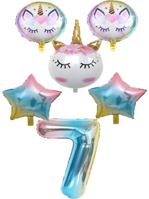 Rönesans Parti Unicorn Karakter  Rakamlı Yıldızlı Folyo Balon Seti Yaş 7