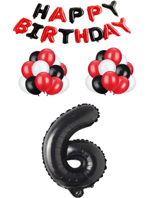 Rönesans Parti Siyah Kırmızı Happy Bırthday Siyah Rakam Folyo ve Late x  Balon Seti Yaş 6