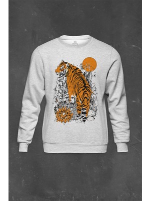 So Cool Gri Sweatshirt Kaplan Ay Dolunay Moon Tiger Baskılı Unisex Sweat