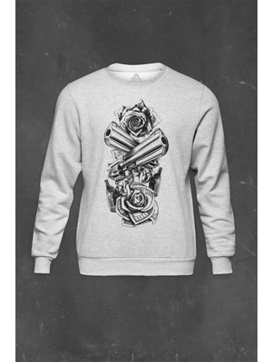 So Cool Gri Sweatshirt Smith Wesson Revolver Gungs Tabanca Gül Beyaz Baskılı Unisex Sweat