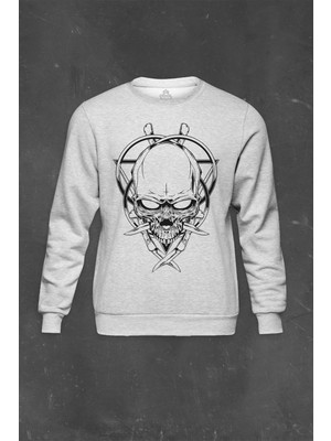 So Cool Gri Sweatshirt Skull Knife Illustration Kuru Kafa Bıçak Çakı Baskılı Unisex Sweat