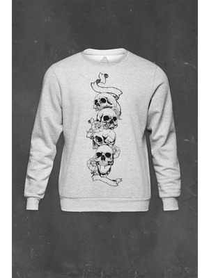 So Cool Gri Sweatshirt Kuru Kafa Gül Skull Tattoo Baskılı Unisex Sweat