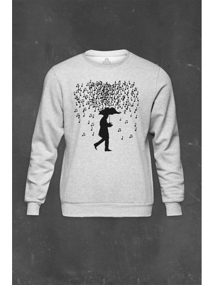 So Cool Gri Sweatshirt Playing Music In The Rain Nota Yağmuru Şemsiye Baskılı Unisex Sweat