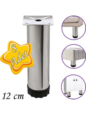 Glaswen 8 Adet Metal Ayarlanabilir 12 cm Krom Destek Ayağı Mobilya Kanepe Baza Koltuk Dolap Sehpa Tv Ünitesi Ayağı