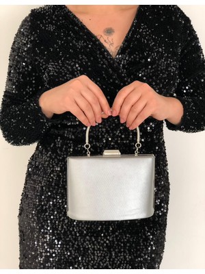 Sh Poly1 Abiye Çanta Clutch Portföy Askılı Omuz ve El Çantası Kumaş Gümüş