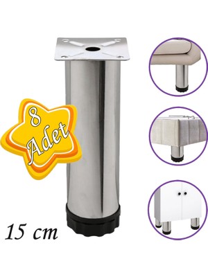 Glaswen 8 Adet Metal Ayarlanabilir 15 cm Krom Destek Ayağı Mobilya Kanepe Baza Koltuk Dolap Sehpa Tv Ünitesi Ayağı