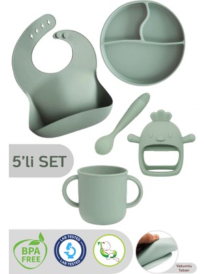 Meleni Baby 5'li Set Silikon Mama Önlüğü Kulplu Bardak Vakumlu Tabak Mama Kaşığı ve Bebek Diş Kaşıyıcı Yeşil