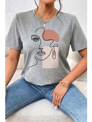 Trendypassion Only Trendwear Unisex Kısa Kol Gri Dijital Baskı Make Up Siluet Baskılı Tasarım T-Shirt