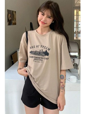 Trendypassion Only Trendwear Unisex Age Of Steam Baskılı Tasarım Tshirt Bej Renk Truvakar Kol Dijital Baskı