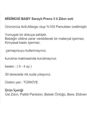 Misimosi Baby Saraylı Prens 5 Li Zıbın Seti