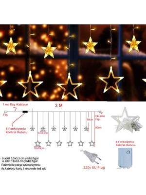 Pando Ramazan Gün Işığı Renk  12 Adet  Yıldız Sarkıtlı LED Perde Işık 3 Metre
