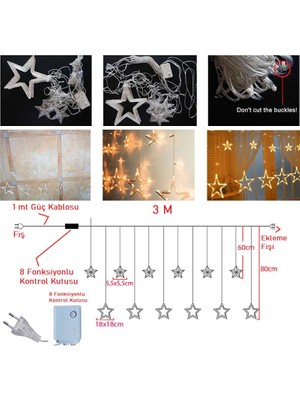 Pando Ramazan Gün Işığı Renk  12 Adet  Yıldız Sarkıtlı LED Perde Işık 3 Metre