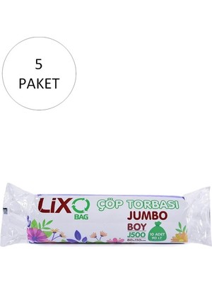 Lixo J-500 Jumbo Boy Çöp Torbası 80 x 110 cm 10 Lu Rulo x 5 Paket = 50 Adet (Siyah)