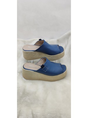 Çiğdem Kundura Çiğdem Gerçek Deri Mavi Dolgu Topuk Terlik(Blsdt 2A) - Mavi - 38 - ST02548-12869