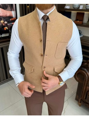 Terzi Adem Altun Italyan Stil Slim Fit Hakim Yaka Kaşe Cepken Yelek Camel T10537