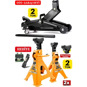 2TON/2000KG Kapasite Tekerlekli Arabalı Hidrolik Kriko + 2ton X2ADET Taşıma Sehpa Tip Kriko Standı