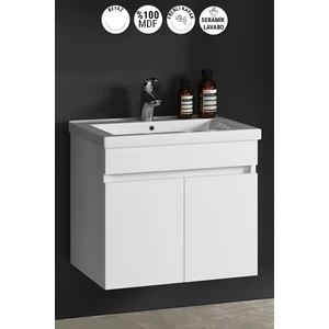 Çiğdem 80 cm Beyaz Mdf Seramik Lavabolu Asma Banyo Alt Dolabı