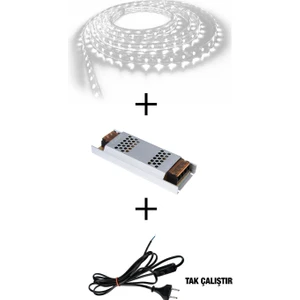 3 Çipli Iç Mekan Beyaz Renk 5 Metre Şerit LED Işık + 5 Amper LED Trafosu + Kablo