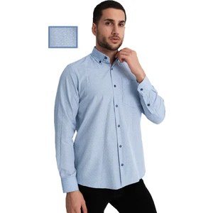 Erkek Mavi Çizgili Uzun Kollu Pamuklu Gömlek Klasik Kesim Cepli