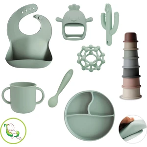 Meleni Baby 8'li Set - Silikon Mama Önlüğü Bardak Vakumlu Tabak Mama Kaşığı 3'lü Dişlik ve Kule Oyuncağı Yeşil