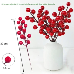 5 Adet Holly Berry Kiraz Dalı Kokina Kırmızı 12 Yemiş  Yılbaşı Süsü