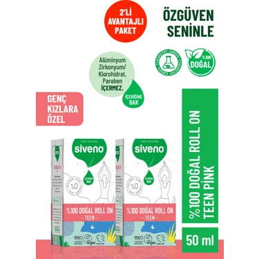 Siveno %100 Doğal Roll-On Teen Girl Genç Kız Deodorant Bitkisel Lekesiz Vegan 50 ml X 2