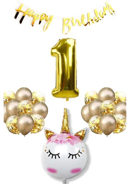 Unicorn Rakamlı Bannerlı Doğum Günü Parti Seti Yaş 1