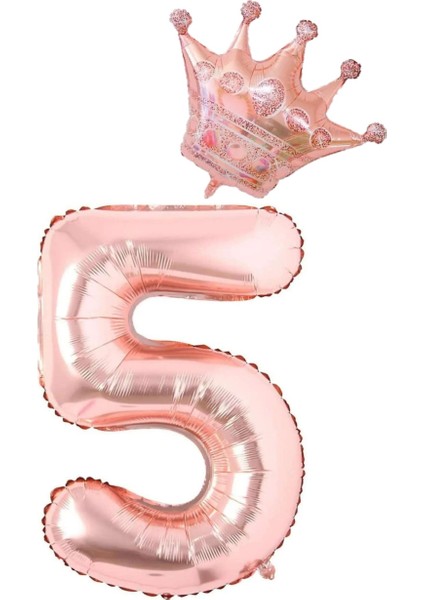Rose Gold Rakam Kral Taç Folyo Balon Seti Yaş 5