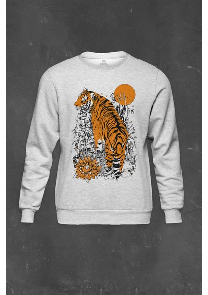Gri Sweatshirt Kaplan Ay Dolunay Moon Tiger Baskılı Unisex Sweat