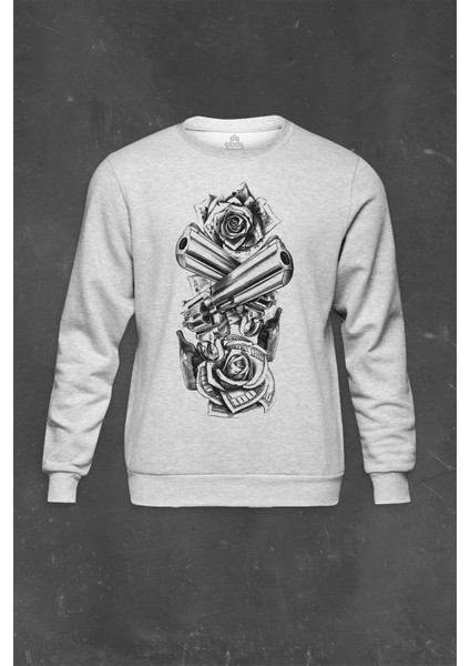 Gri Sweatshirt Smith Wesson Revolver Gungs Tabanca Gül Beyaz Baskılı Unisex Sweat
