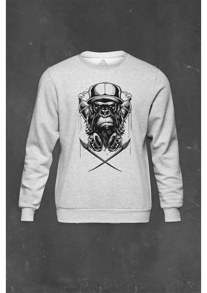 Gri Sweatshirt Monkey Graffiti Maymun Hip Hop Trap Baskılı Unisex Sweat