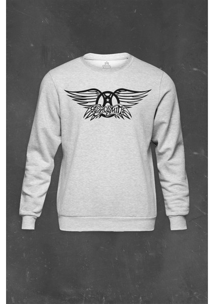 Gri Sweatshirt Aerosmith Steven Tyler Black On Black Wings Baskılı Unisex Sweat