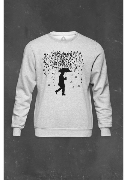 Gri Sweatshirt Playing Music In The Rain Nota Yağmuru Şemsiye Baskılı Unisex Sweat