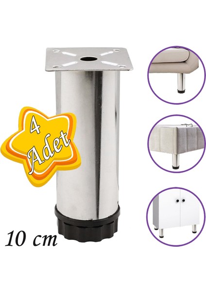 4 Adet Metal Ayarlanabilir 10 cm Krom Destek Ayağı Mobilya Kanepe Baza Koltuk Dolap Sehpa Tv Ünitesi Ayağı