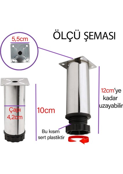4 Adet Metal Ayarlanabilir 10 cm Krom Destek Ayağı Mobilya Kanepe Baza Koltuk Dolap Sehpa Tv Ünitesi Ayağı
