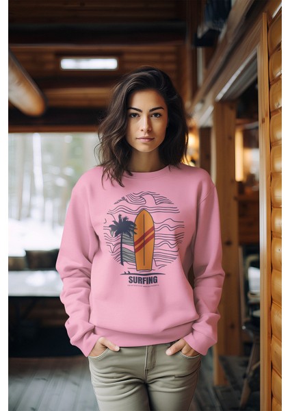 Premium Baskılı Tarz Kadın Bisiklet Yaka Sweatshirt
