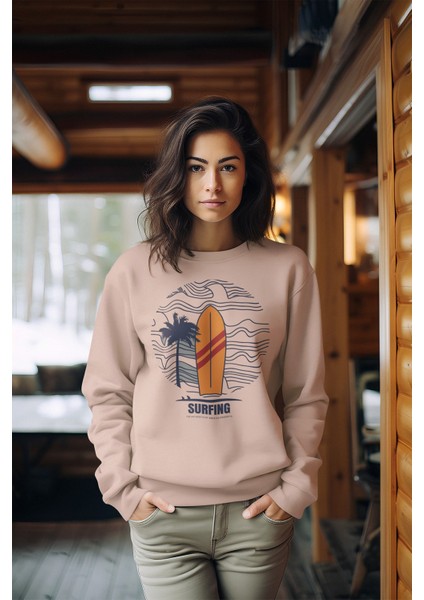 Premium Baskılı Tarz Kadın Bisiklet Yaka Sweatshirt