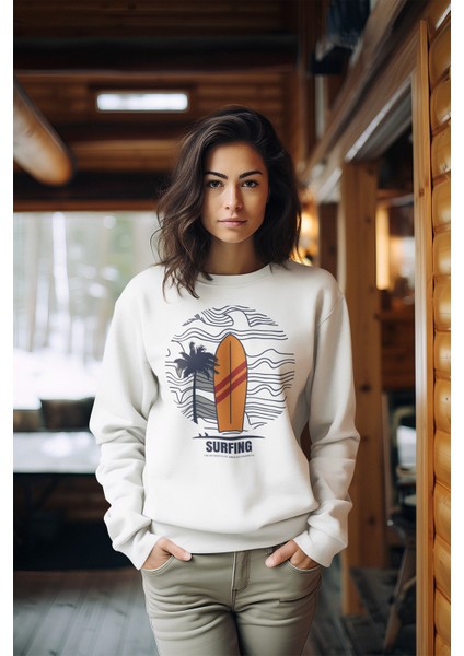 Premium Baskılı Tarz Kadın Bisiklet Yaka Sweatshirt
