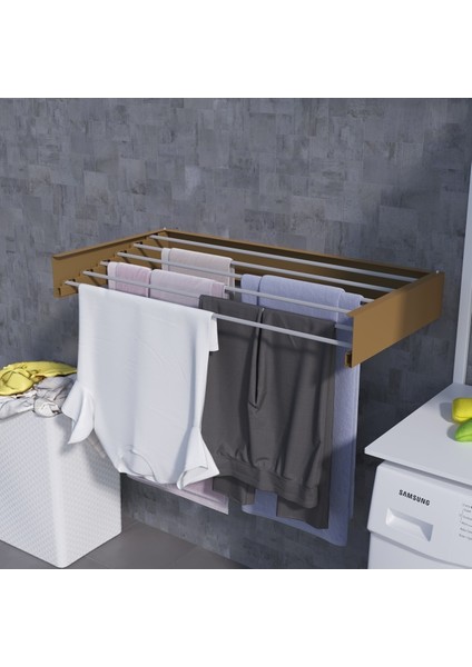 Design Kurutmalık Çamaşır Askısı - Duvara Monte, Katlanabilir Çamaşırlık - (CAPPUCCINO-100CM)