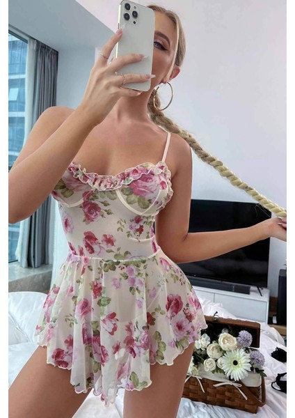 Çicek Desenli Özel Tasarım Gecelik Babydoll