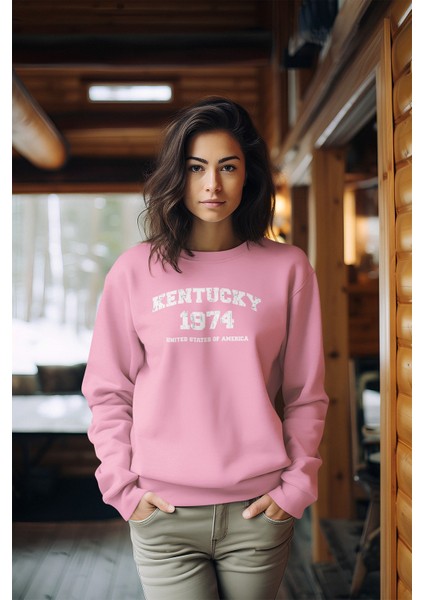 Premium Kentucky 1974 Baskılı Tarz Kadın Bisiklet Yaka Sweatshirt